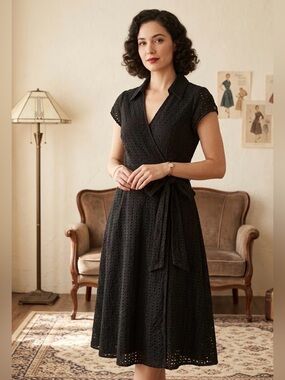 Sussan brand - Classic Vintage style Black Eyelet Wrap Dress